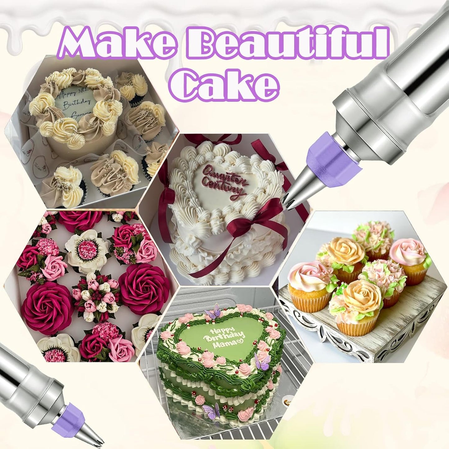 Novano Dessert Decorating Syringe Set, Frosting Piping Kit Stainless Steels Cake Decorating Kit with 6 Piping Tips & 9 silicone cupcakes, Cupcake Decorating Kit Piping Bags and Tips Set