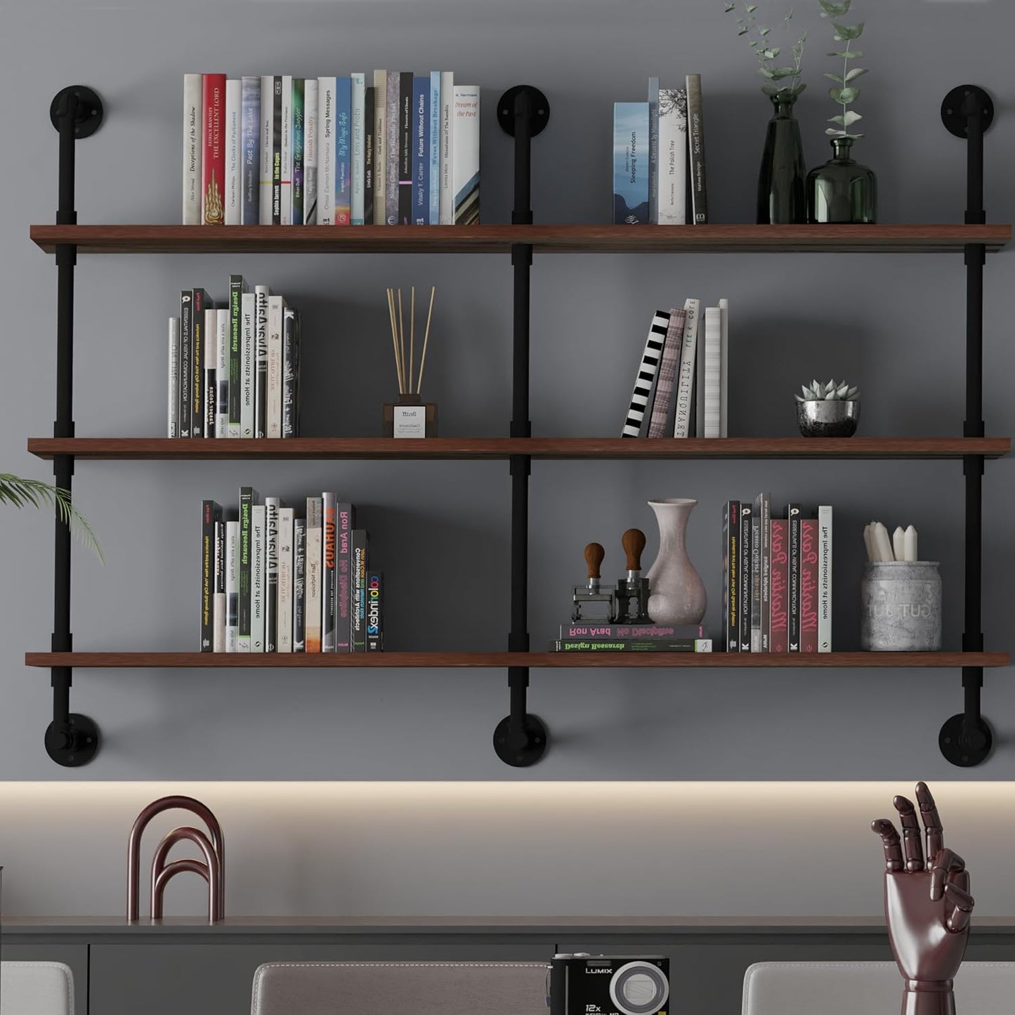 Industrial Pipe Wall Shelves Pipe Shelving,Natural Wood 60 Inches Long Walnut Floating Shelves for Wall Farmhouse Pipe Book Shelves for Kitchen,Living Room, Bar Shelving