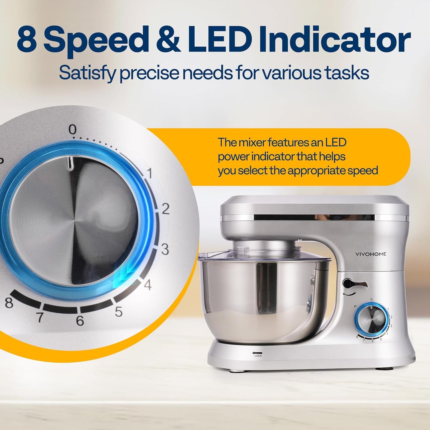 VIVOHOME 4.75 Quart Stand Mixer, 8 Speed Kitchen Electric Food Mixer, Household Stand Mixer for Baking, Cake, Bread with Beater, Dough Hook, Wire Whip and Egg Separator, Silver