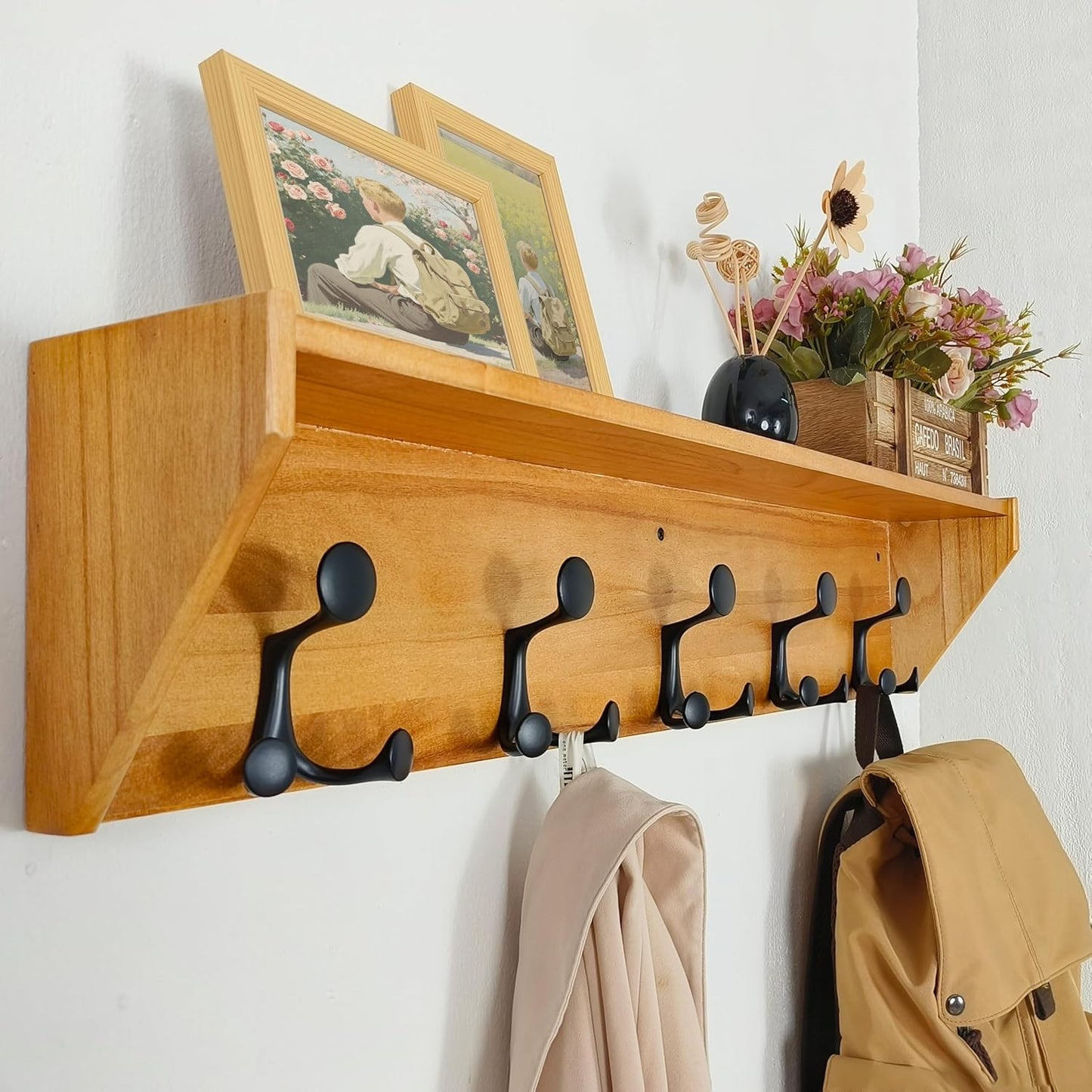 SKOLOO Wall Shelf with Hooks, 35-Inch Brown Coat Rack Wall Mount with Shelf Organizer - Lightweight & Sturdy, 5 Tri Hooks - Perfect for Entryway, Hallway, Living Room, Bedroom, Mudroom