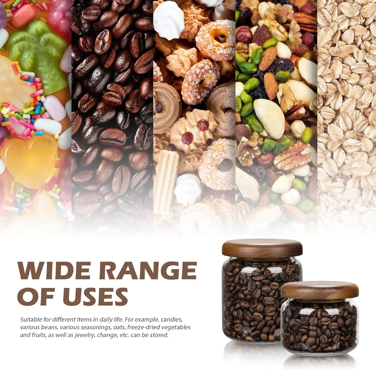 1 PC Small Glass Storage Jars with Airtight Lids, 14 FL OZ (420ml) coffee container with Wooden Lid, Glass Pantry Canister for Beans, Rice, Sugar and etc