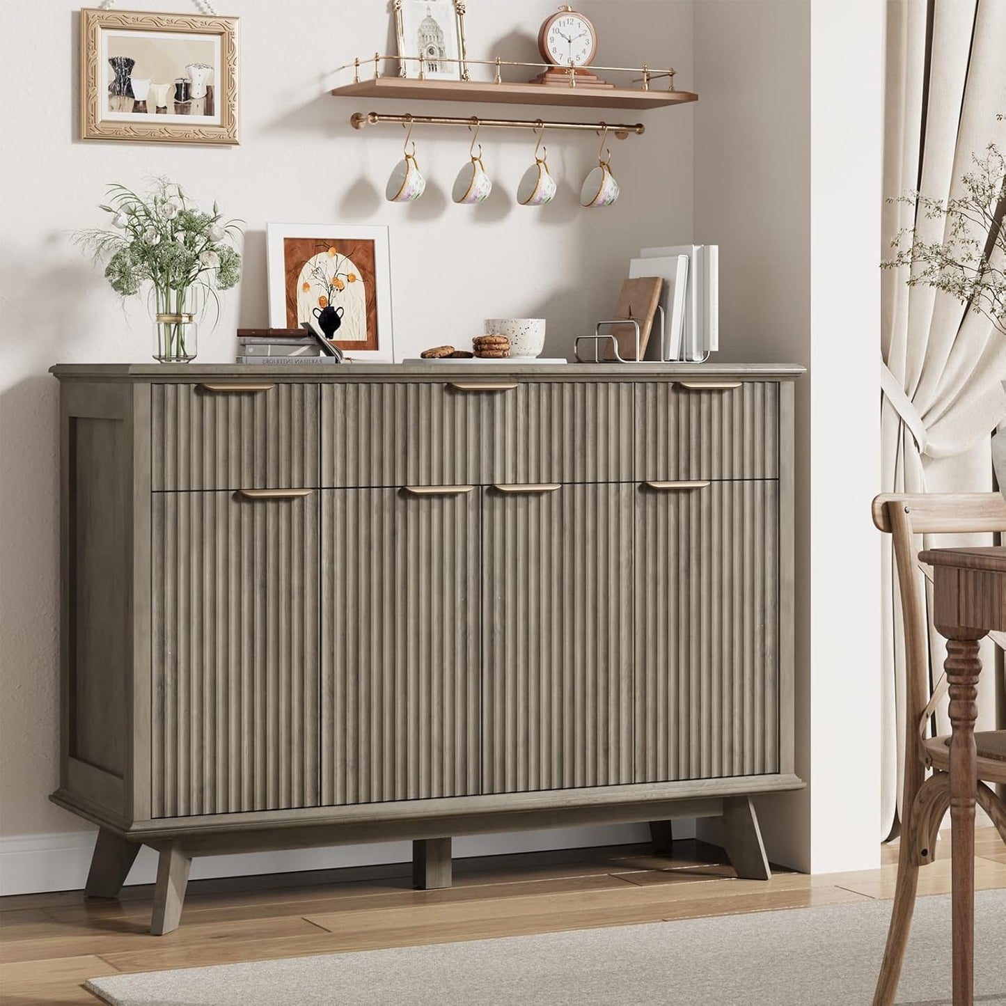 QUW Fluted Sideboard Buffet Cabinet with Charging Station, 47.2" Kitchen Storage Cabinet with Drawers and Adjustable Shelves, Modern Coffee Bar Kitchen Table for Dining Room, Living Room, Grey