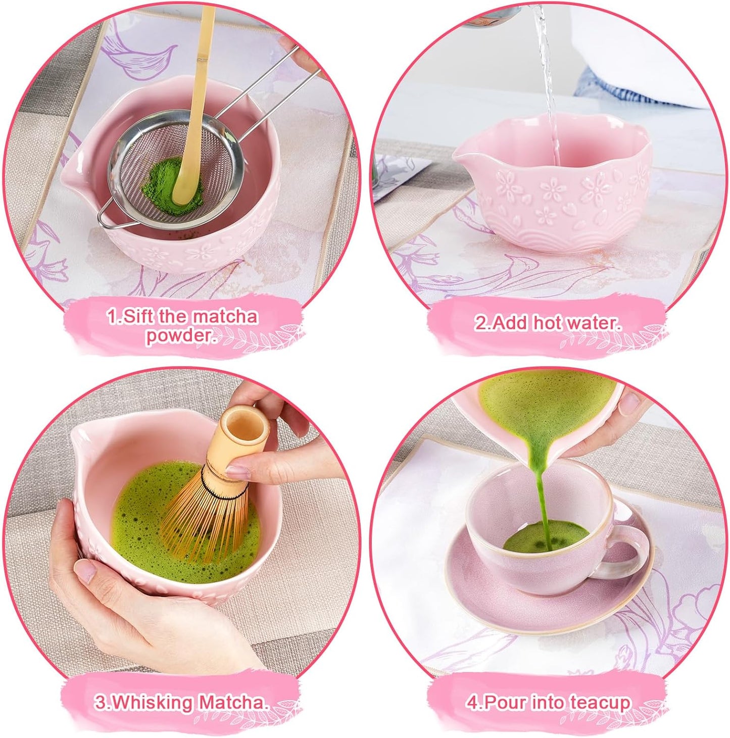 Matcha Whisk Set, Matcha Set 7 Pieces - Ceramic Matcha Bowl with Spout, Bamboo Chasen Whisk & Holder, Scoop, Sifter, Tea Towel - Complete Kit for Matcha Tea Ceremony, Latte, Ideal Gift（Pink）