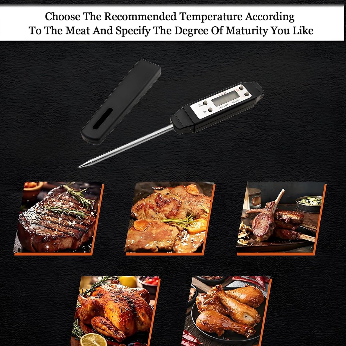 Meat Thermometer - Digital Food Thermometer for Cooking Kitchen - Automatic Calibration Pen Style Electronic Pocket Thermometer for Water Temperature, Barbecue (Black)