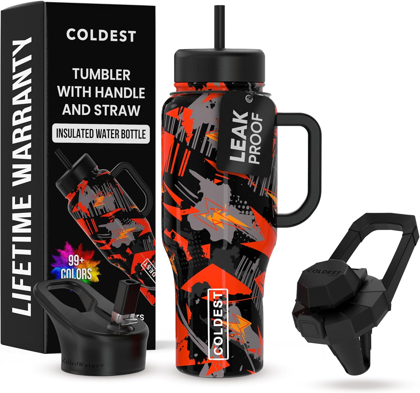 Coldest 40 oz Tumbler with Handle and Straw - 100% Leak Proof Insulated Tumbler with Lid and Straw (3 Lids) - Stainless Steel Tumblers for Women & Men - Cup Holder Friendly Base, 36 oz (Savage Red)