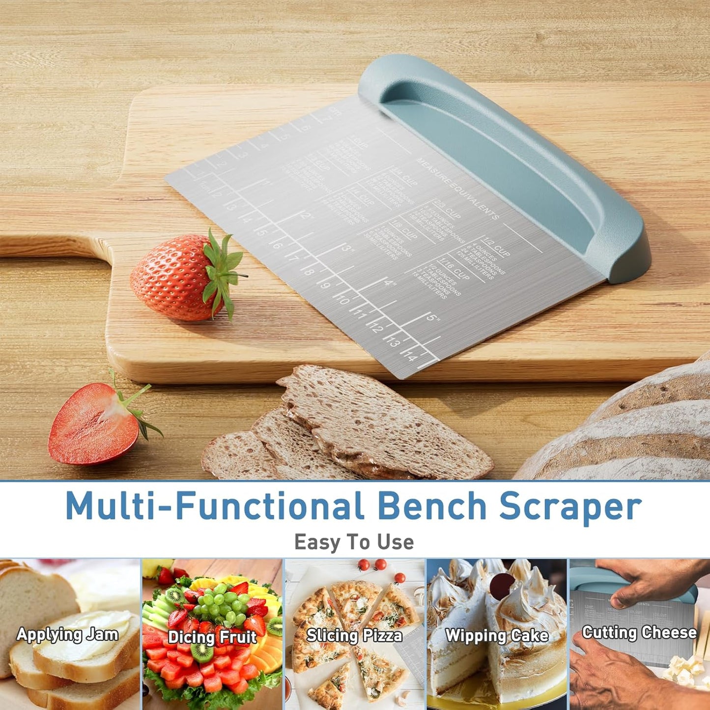 2 IN 1 Upgrade Bench Scraper, Dough Scraper for Pastry Bread Cake Pizza, Stainless Steel Dough Cutter with Conversion Chart & Measuring Scale, Bowl Scraper Food Scraper for Kitchen Baking, Blue