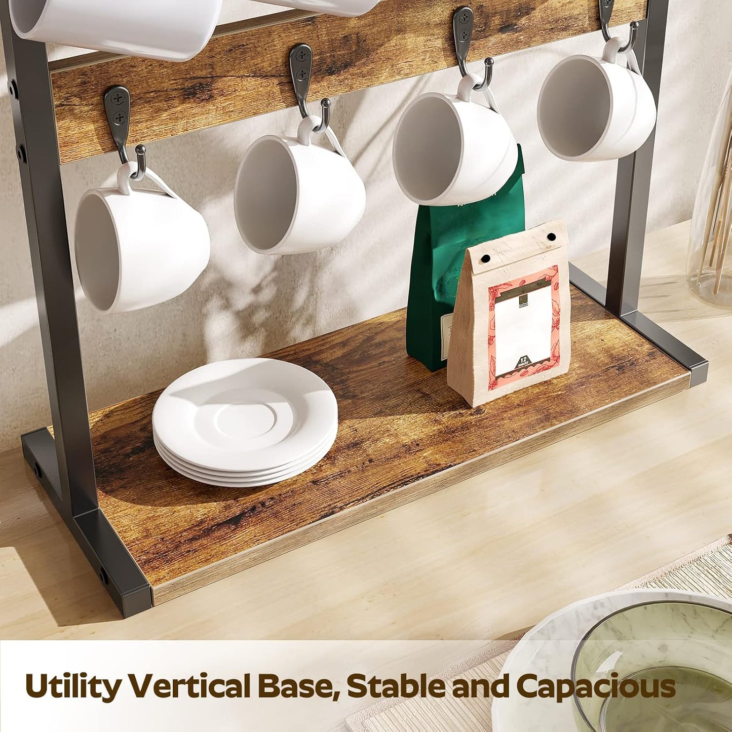 Coffee Mug Holder for Counter, 2 Tier Mug Tree Rack, with 8 Hook and 2 Open Shelves, Vintage Mug Holder Stand for Home Kitchen, Rustic Brown MH43BR