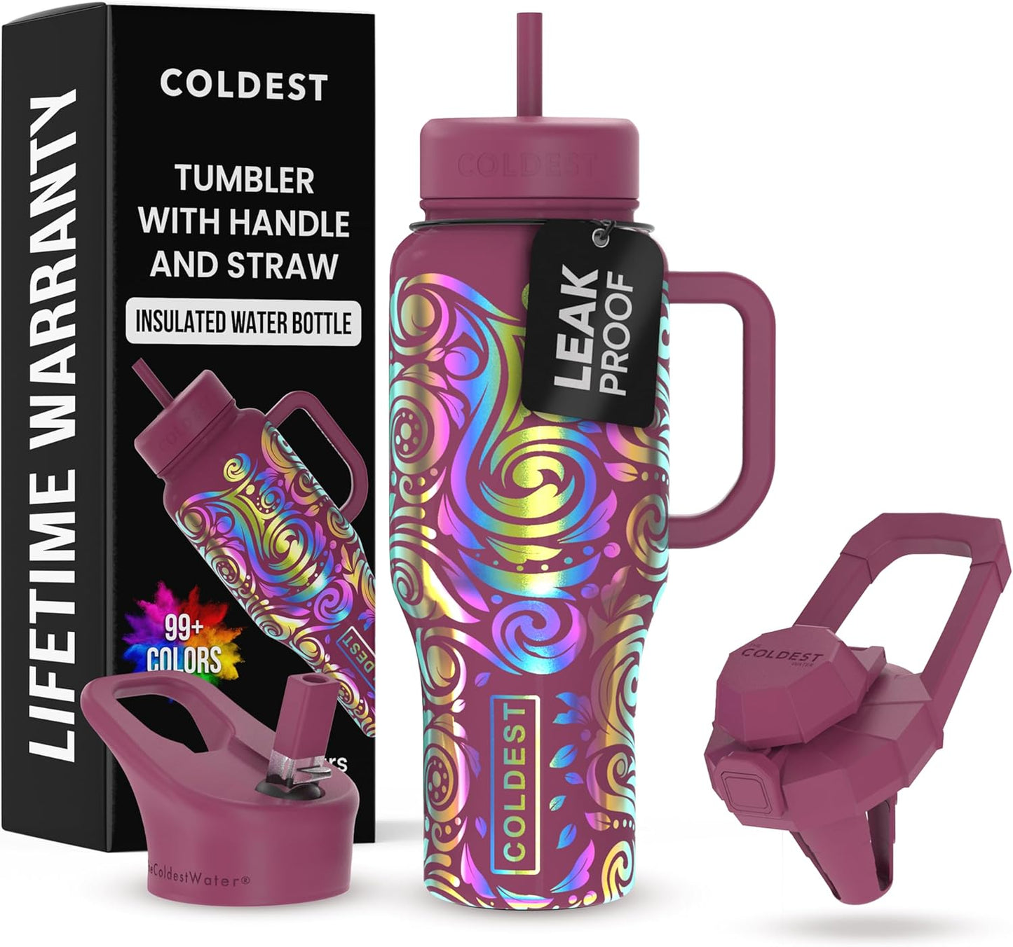 Coldest 40 oz Tumbler with Handle and Straw - 100% Leak Proof Insulated Tumbler with Lid and Straw (3 Lids) - Stainless Steel Tumblers for Women & Men - Cup Holder Friendly Base, 36 oz (Rose Spiral)