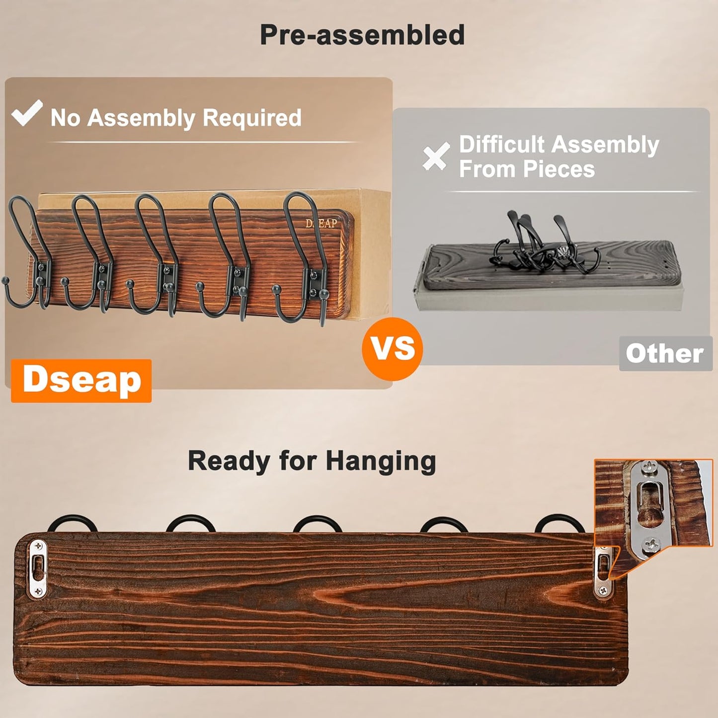 Dseap Coat Rack Wall Mounted - Heavy Duty Farmhouse Rustic Wall Coat Hanger with 5 Wire Hooks for Clothes Hat Jacket Towel, RusticWire, J1-5A, Weathered Brown & Black, Pack of 2