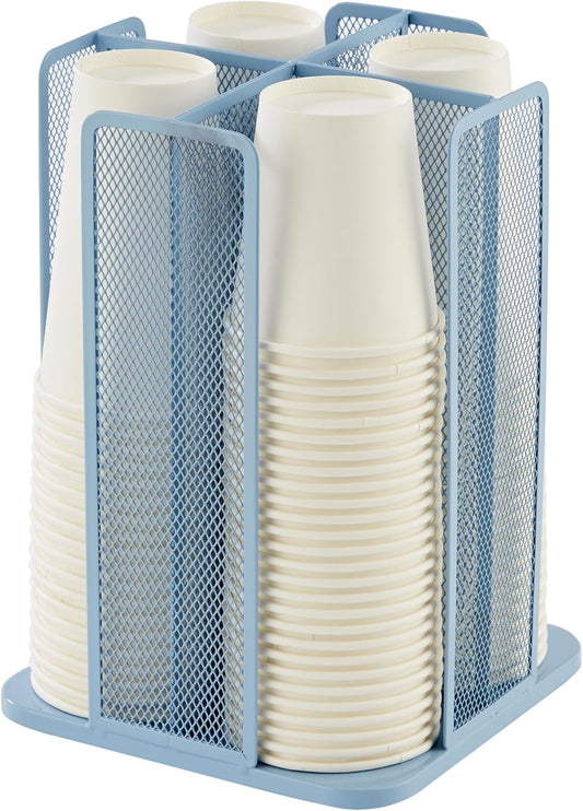 Annova Paper/Plastic Cup and Lid Holder Plastic Storage Organizer, 360°Rotating Coffee Mup Dispenser with 4 Compartments, Multifunctional Storage Rack for Home, Office, Bar, Coffee Shop (New Blue)