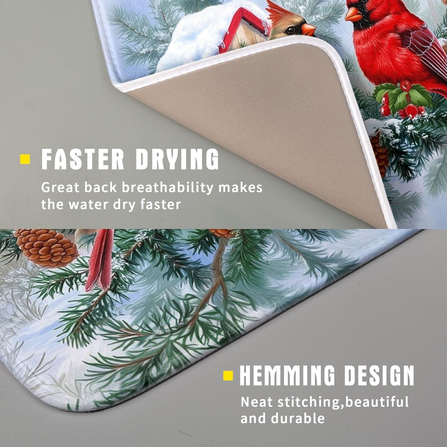 Winter Red Cardinal Bird Dish Drying Mat for Kitchen Counter,Holly Berry Branches Xmas Snowflake Cabin Drying Mat 16 x 18 Inch with High Absorbent Microfiber Drainer Mat for Coffee Bar