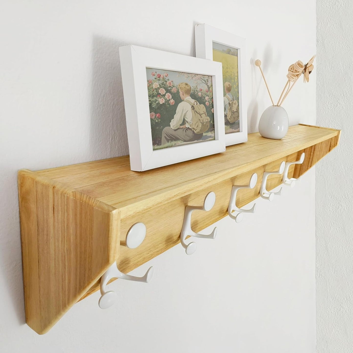 SKOLOO Wall Shelf with Hooks, 35-Inch Coat Rack Wall Mount with Shelf Organizer - Lightweight & Sturdy, 5 Tri Hooks - Perfect for Entryway, Hallway, Living Room, Bedroom, Mudroom, Natural & White