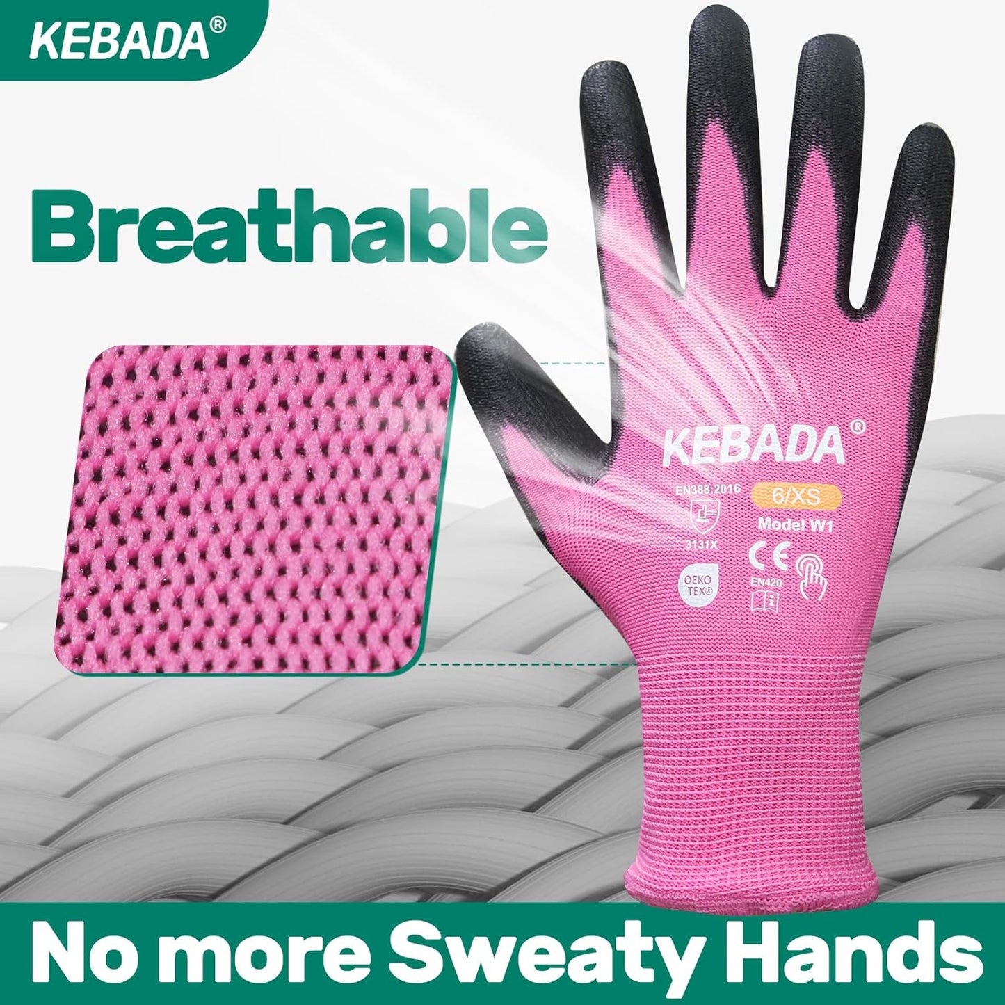 Kebada W1 Work Gloves Women, PU Coated Safety Gloves with Grip, Touchscreen, Ideal for Warehouse Package Handling, Construction, Gardening, Pink X-Small