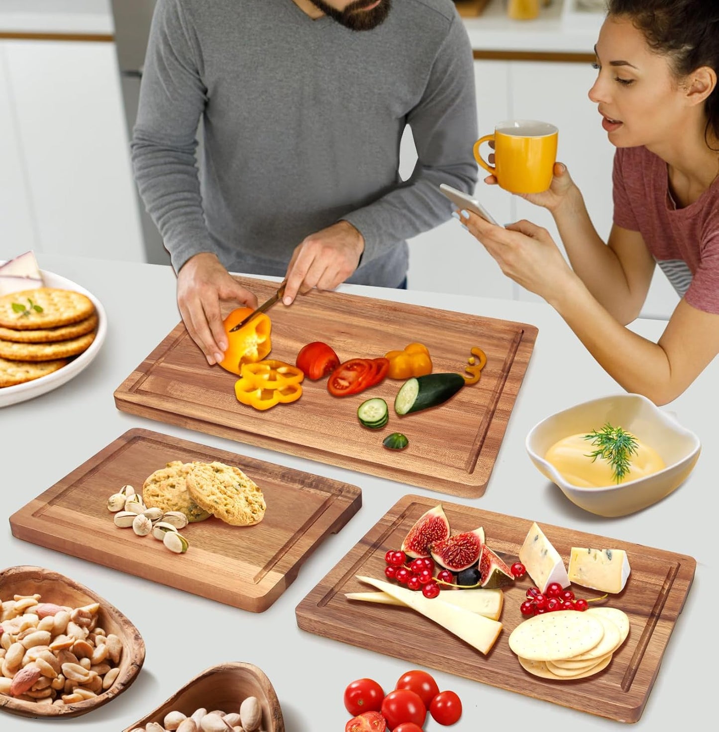 Solid Wooden Cutting Board Set of 3 Acacia Wood Charcuterie Board Set Meat Hardwood Chopping Board Butcher Blocks Non Toxic Maple Large Cutting Boards for Kitchen Decor Bread Serving Cheese Board