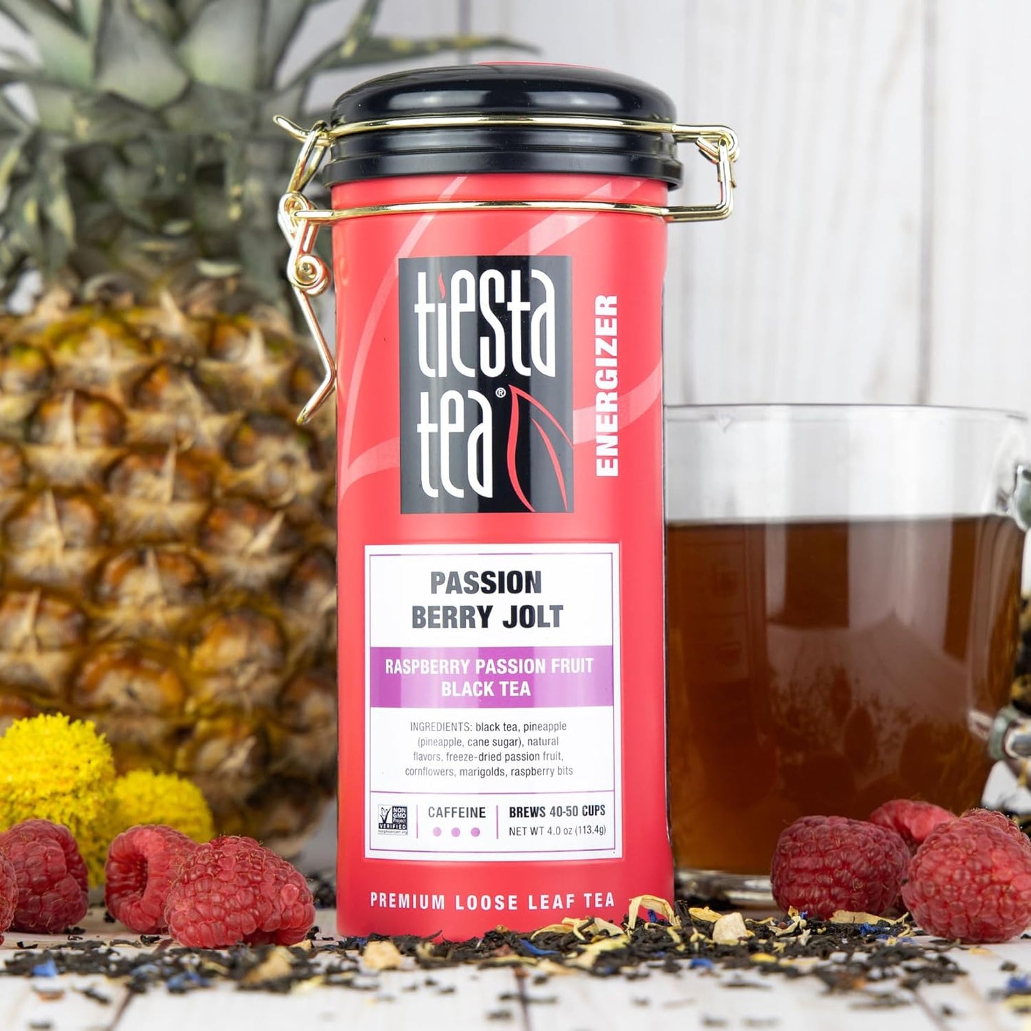 Tiesta Tea - Passion Berry Jolt, Loose Leaf, Raspberry Passion Fruit Black Tea, Premium High Caffeinated Black Blend, Make Hot or Iced, 16oz Bulk Pouch & 4oz Refillable Tin Combo