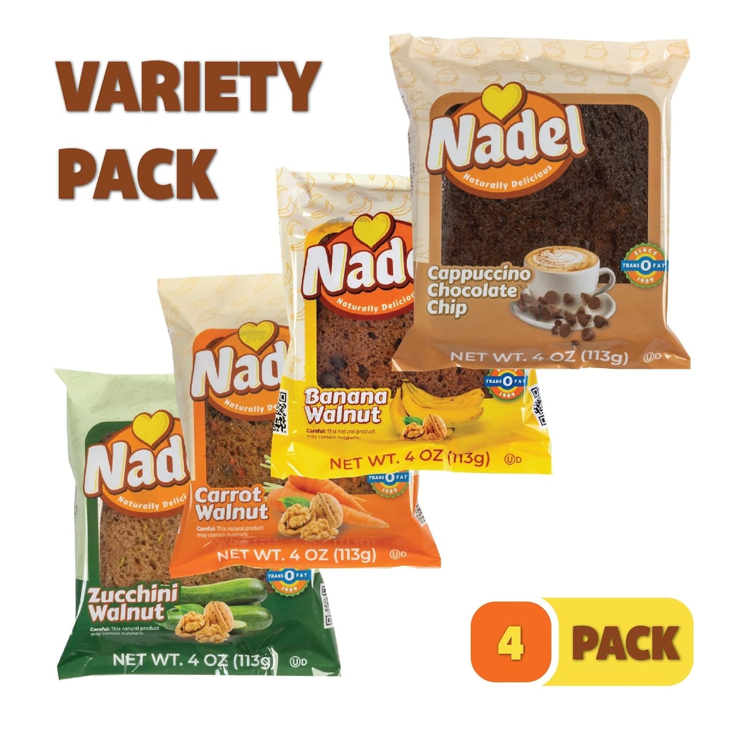 Nadel - Naturally Delicious Sweet Breads Variety Pack (Banana Walnut, Cappuccino Chocolate Chip, Carrot Walnut, Zucchini Walnut). (4 Pack, 1 Bread Per Flavor)
