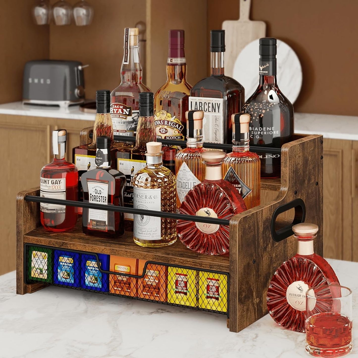 Homode Coffee Syrup Organizer Rack, 3-Tier 8 Bottles Syrup Stand with 35 K Cup Storage Drawer for Coffee Station Bar Accessories, Countertop Wood Liquor Bottle Holder for Wine, Rustic Brown