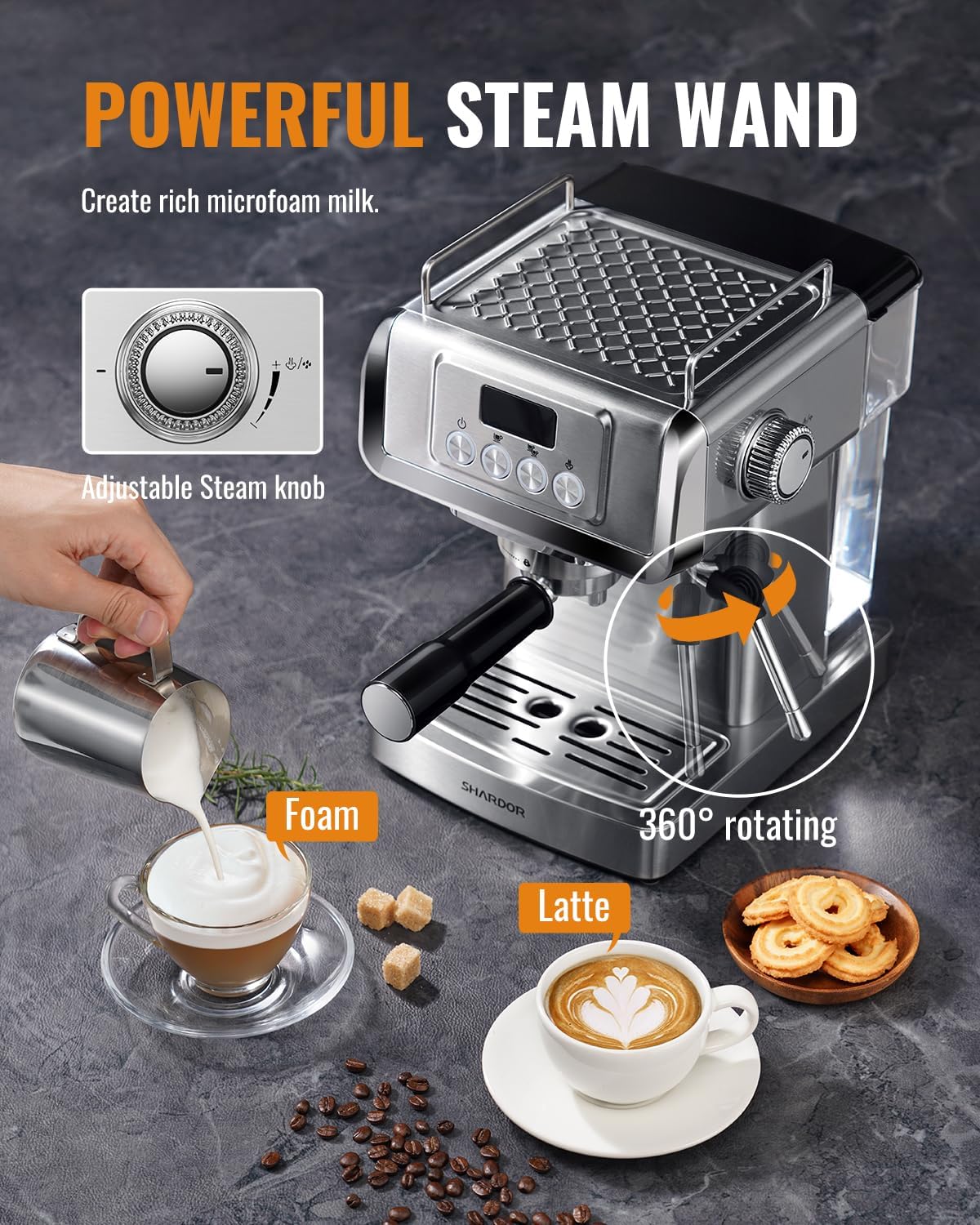 SHARDOR Espresso Machine 20 Bar with Milk Frother Steam Wand, Professional Latte & Cappuccino Maker for Home, 60 Oz Water Tank, Temperature Display, Stainless Steel, 1350W