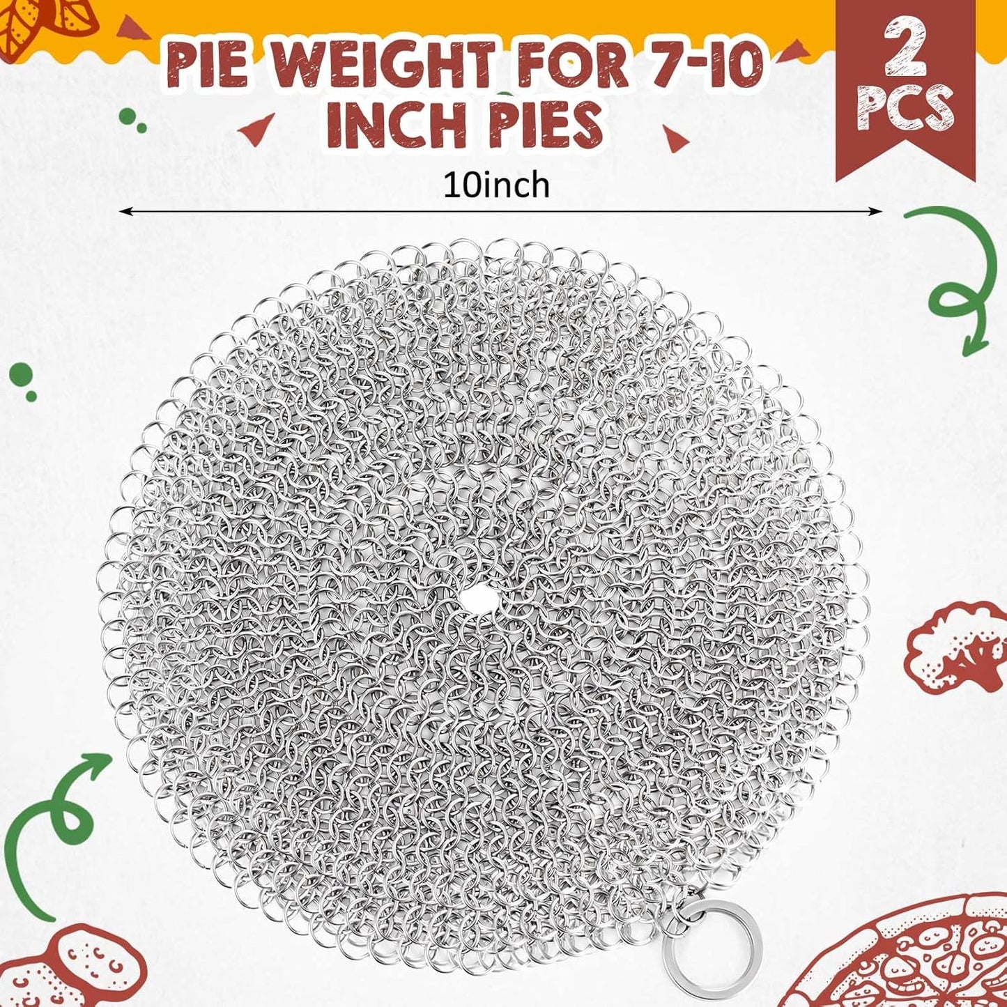 Patelai 2 Pcs Stainless Steel Pie Weights for Baking Universal Fit Pie Weight for 7-10 Inch Pies Round Metal Pies Weights Chain Dishwasher Safe Durable Blind Baking Dough Cooking Pastry (10 Inch)