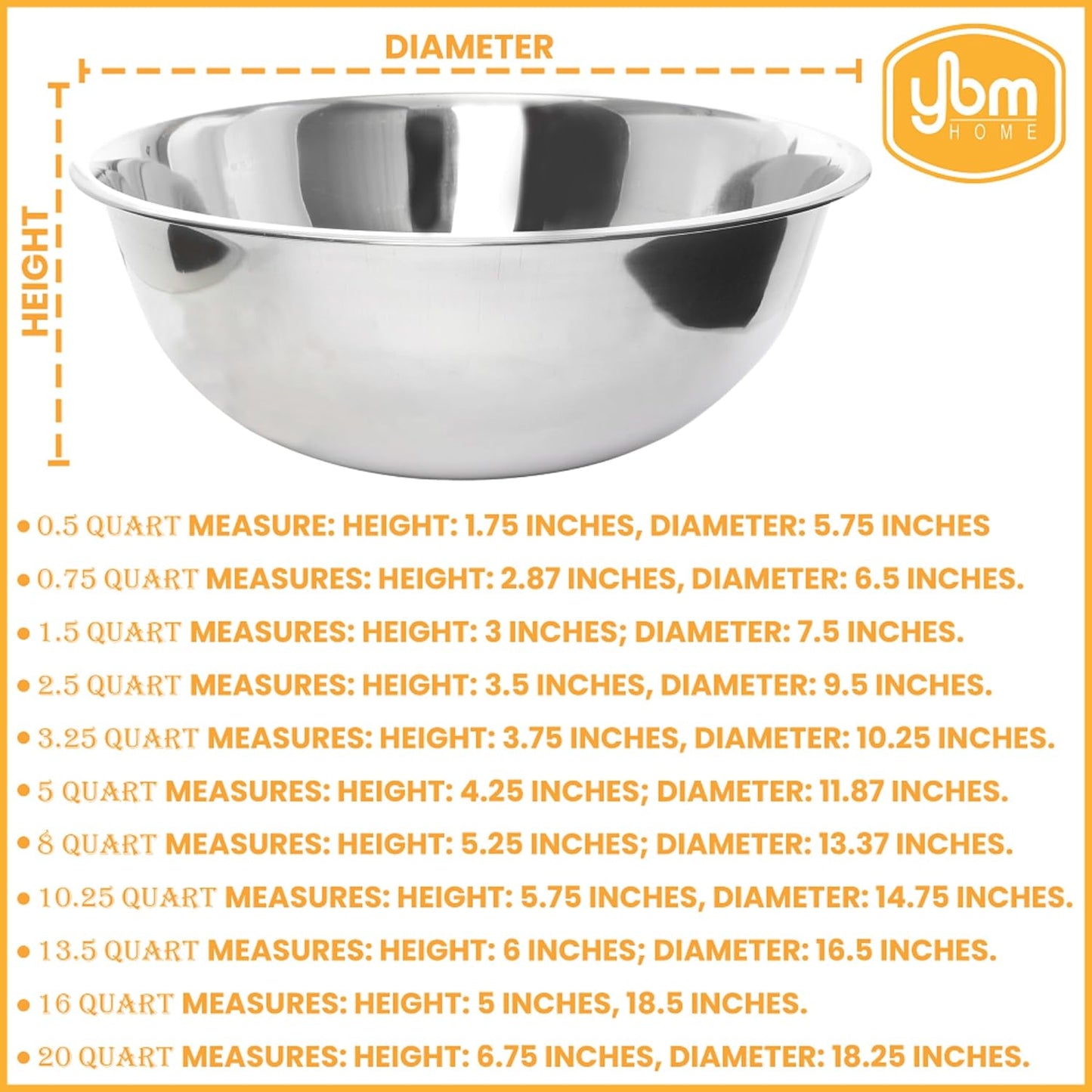 YBM HOME Pack of 1 Stainless Steel Mixing Bowl - Premium Polished Mirror Nesting Metal Bowl for Cooking and Serving, Stackable for Convenient Storage (5 Quart)