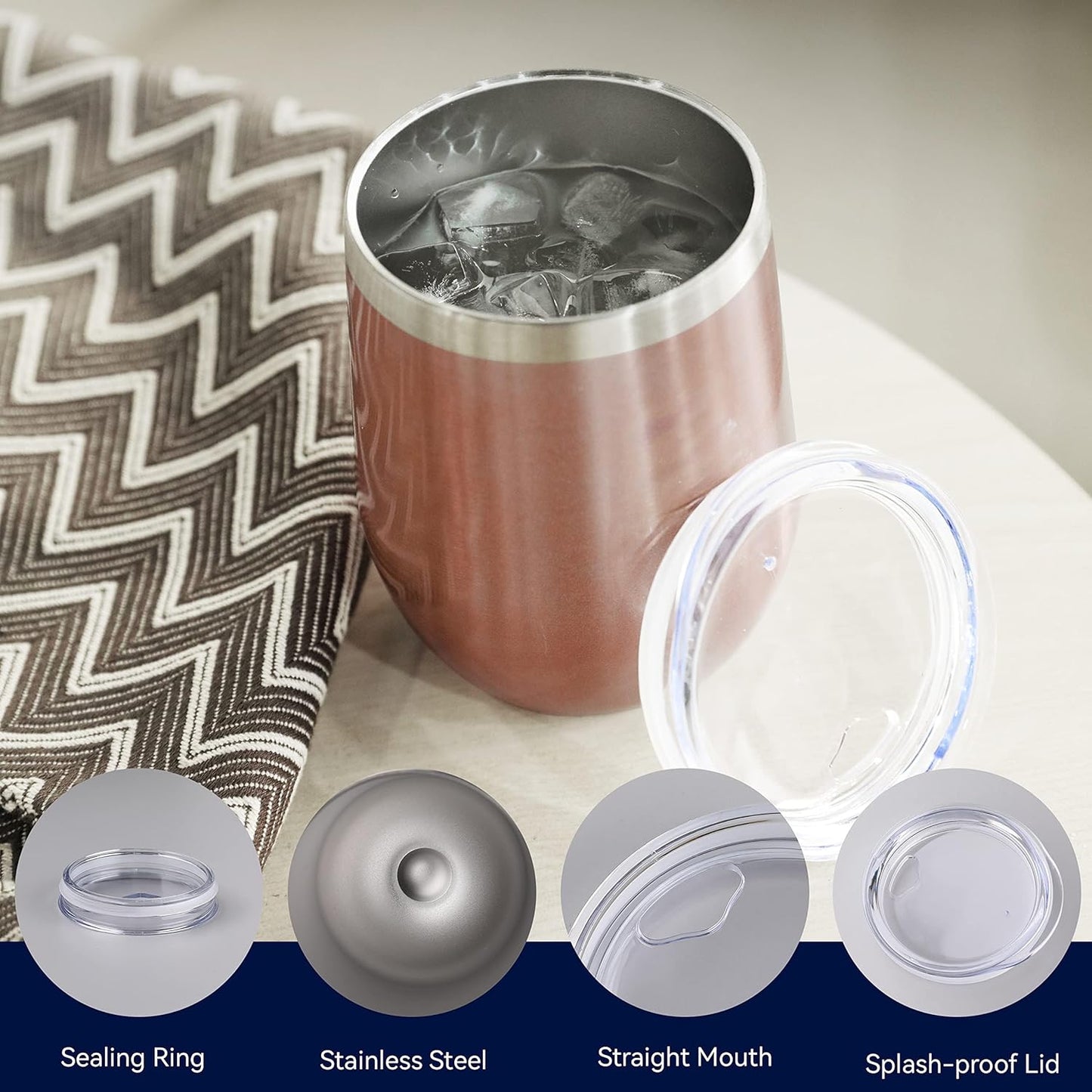 DOMICARE Stainless Steel Wine Tumbler Bulk with Lid, 12oz Travel Coffee Cups, Personalized Rose Gold Insulated Tumblers Set, Pack of 1