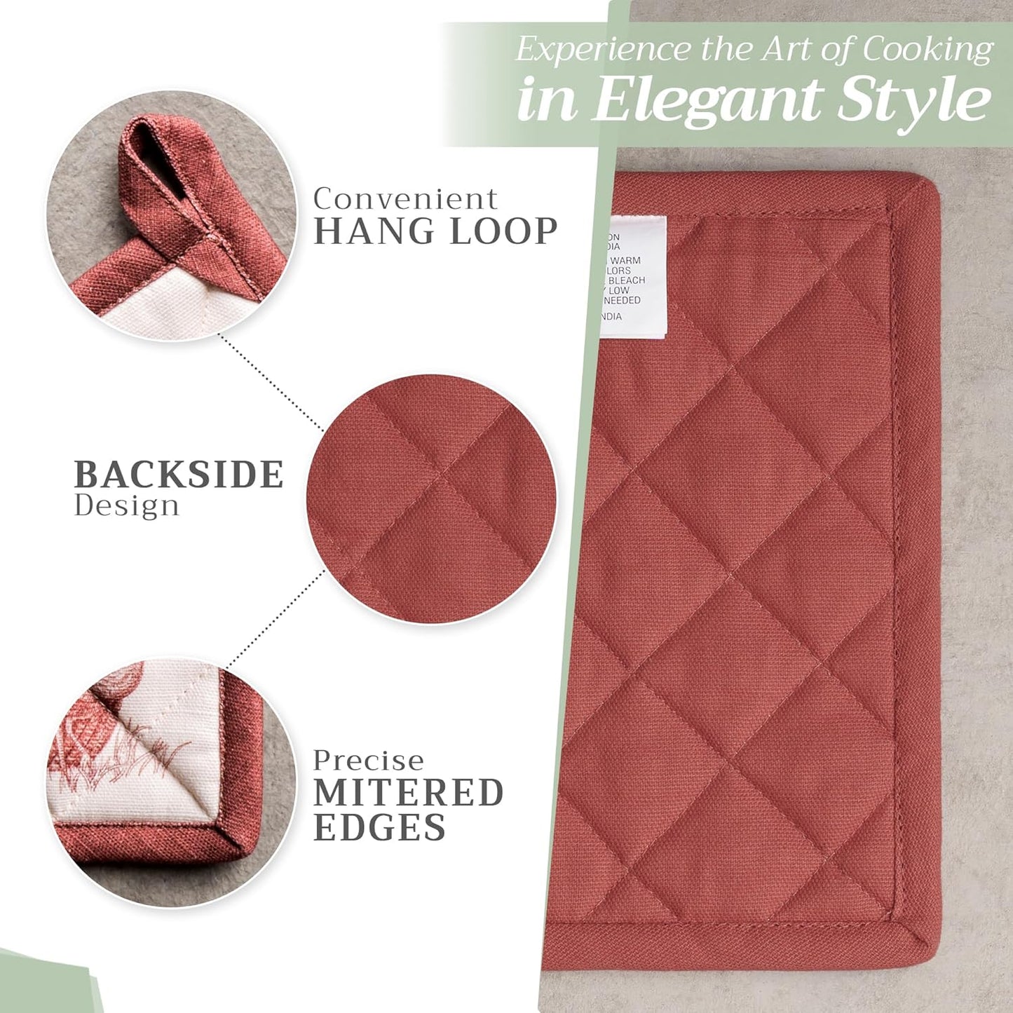 Maison d' Hermine 100% Cotton Oven Mitt & Pot Holder Set (7.5"x13" & 8"x8") Heat Resistant BBQ Cooking Gloves with Loop, Baking, Grilling, Kitchen, Handling Hot Pans (Holy Jouy - Brown)