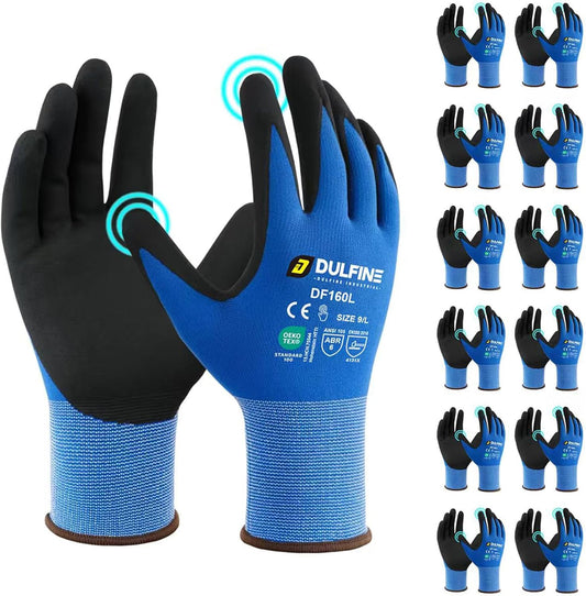 Safety Work Gloves MicroFoam Nitrile Coated-12 Pairs Pack,Blue Seamless Knit Nylon Glove with Black Micro-Foam Nitrile Grip,Ideal for General Purpose,Automotive,Home Improvement,Painting(Extra Large)