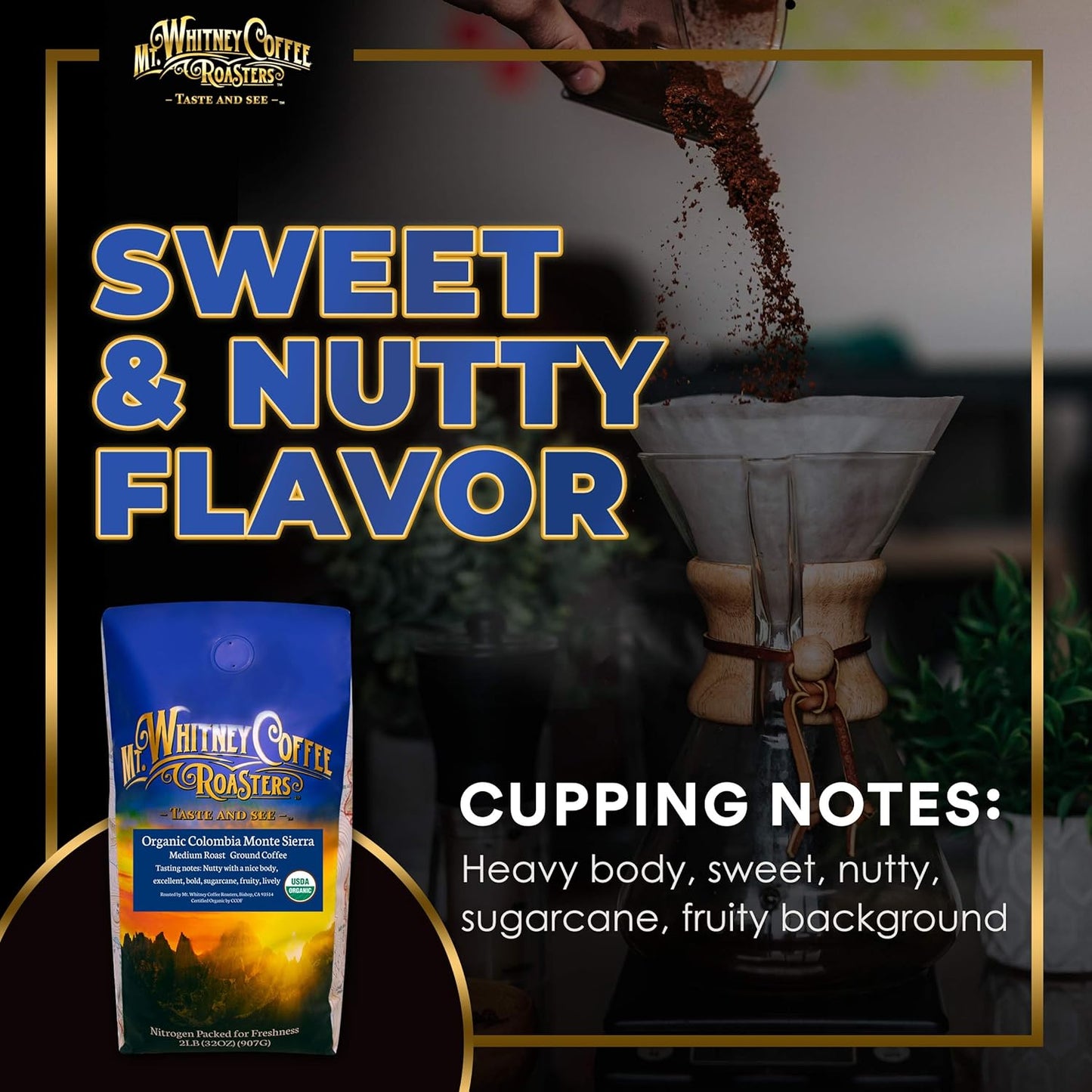 Mt. Whitney Colombia Monte Sierra Organic, Single Origin, Medium Dark Roast, Smooth Full Flavored, Low Acid Coffee (Ground, 2 Lb)