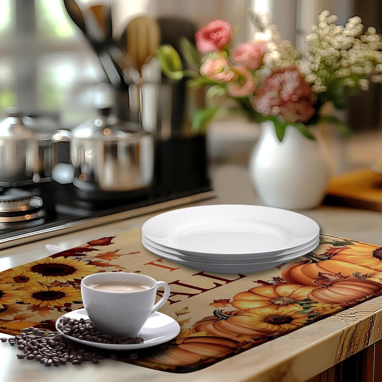 Fall Orange Pumpkins Dish Drying Mat Maple Leaves Autumn Large Kitchen Mats Dish Drying Pad Absorbent Dish Dryer Mat for Kitchen Countertops Microfiber Drainer Pad Dish Drying Mats (18x24 in)