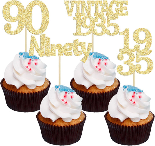 Gyufise 24Pcs 90th Birthday Cupcake Toppers Glitter Cheers to 90 Fabulous Ninety Vintage 1935 Cupcake Picks 90th Birthday Wedding Anniversary Party Cake Decorations Supplies Gold