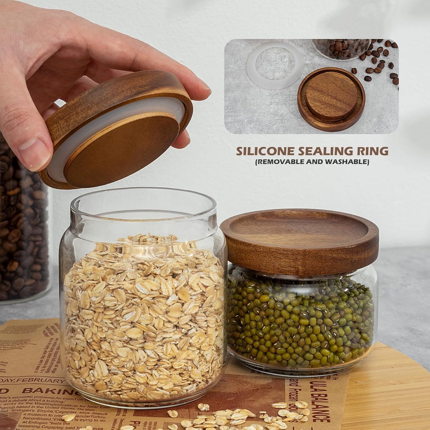 2PCS Small Glass Storage Jars with Airtight Lids, 11 fl oz (300ml) coffee container with Wooden Lid, Glass Pantry Canister for Beans, Rice, Sugar and etc