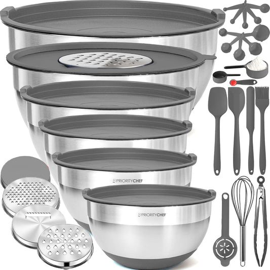Priority Chef Stainless Steel Mixing Bowls with Lids Set - Premium 30Pcs with 6pc Metal Bowl Set for Kitchen, 3 Graters, Airtight Lids, Non-Slip Bases & Silicone Utensils, Grey