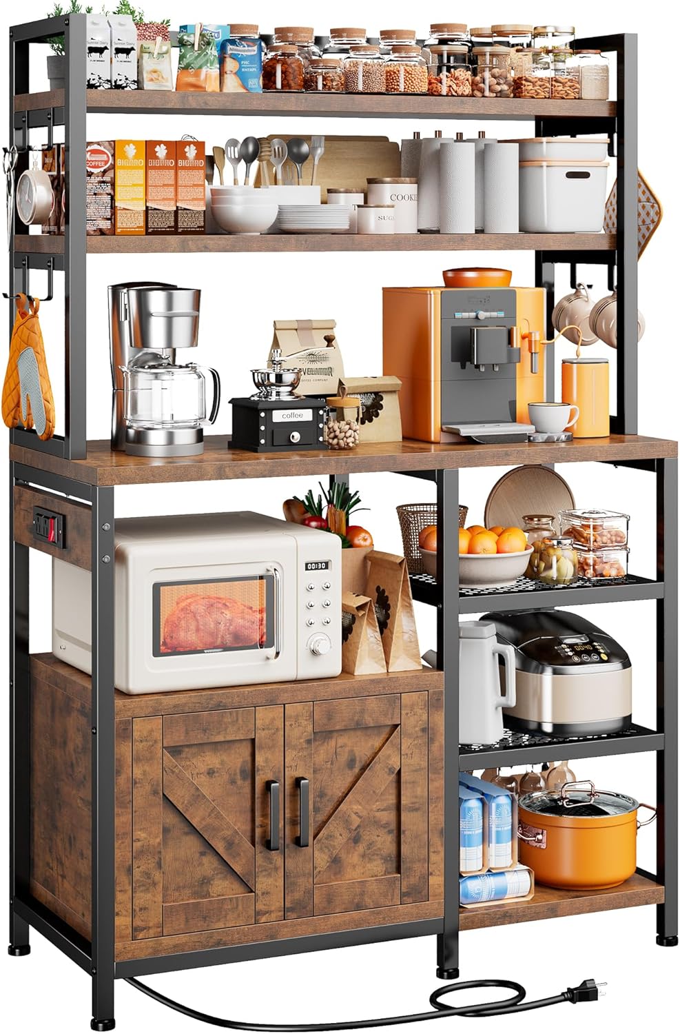 EnHomee Bakers Rack with Power Outlet, 6 Tier Microwave Stand, Coffee Bar Organizer with 8 L-Shaped Hooks, Kitchen Shelves with Storage, 14.1 x 30.1 x 63.1 Inches, Rustic Brown