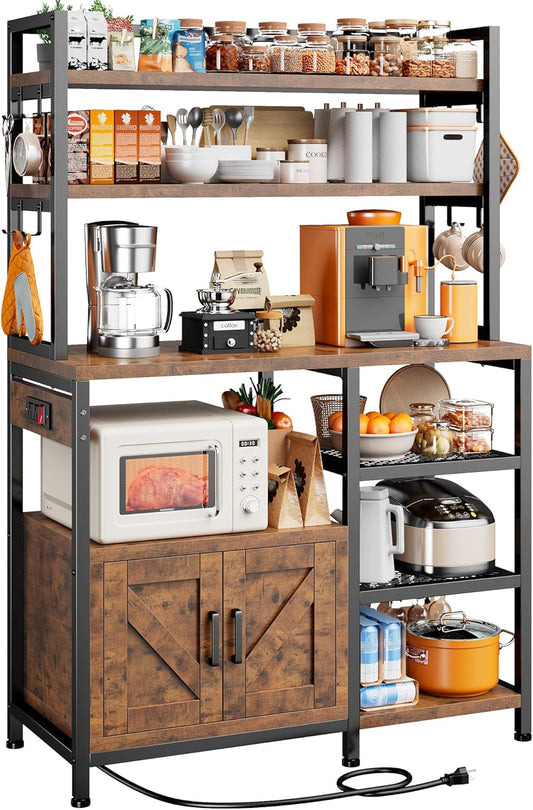EnHomee Bakers Rack with Power Outlet, 6 Tier Microwave Stand, Coffee Bar Organizer with 8 L-Shaped Hooks, Kitchen Shelves with Storage, 14.1 x 30.1 x 63.1 Inches, Rustic Brown