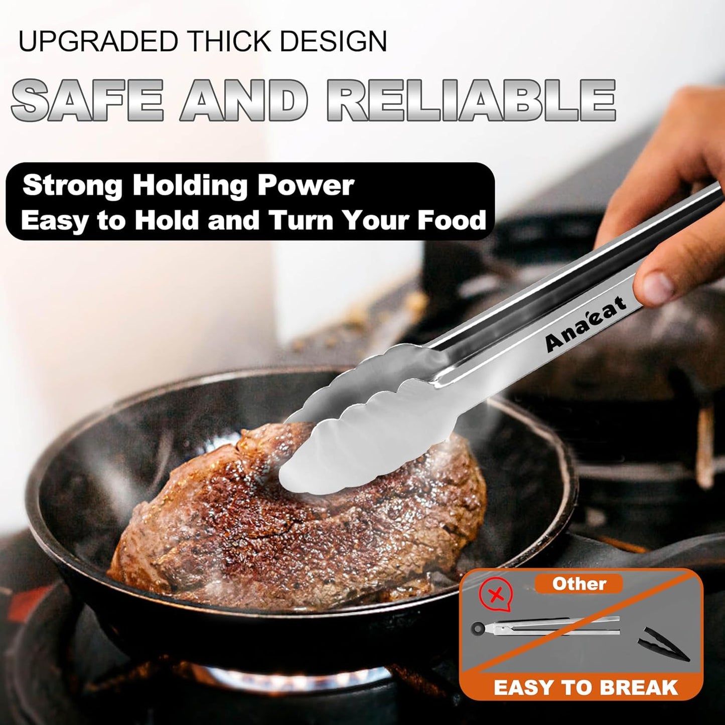 Anaeat Premium Stainless Steel Kitchen Tong Set of 2 - Sturdy Coiled Spring 9" and 12" Locking Food Tong with Non-Slip Silicone Grip for Cooking, Baking, Grilling, BBQ - Heat Resistant up to 480°F