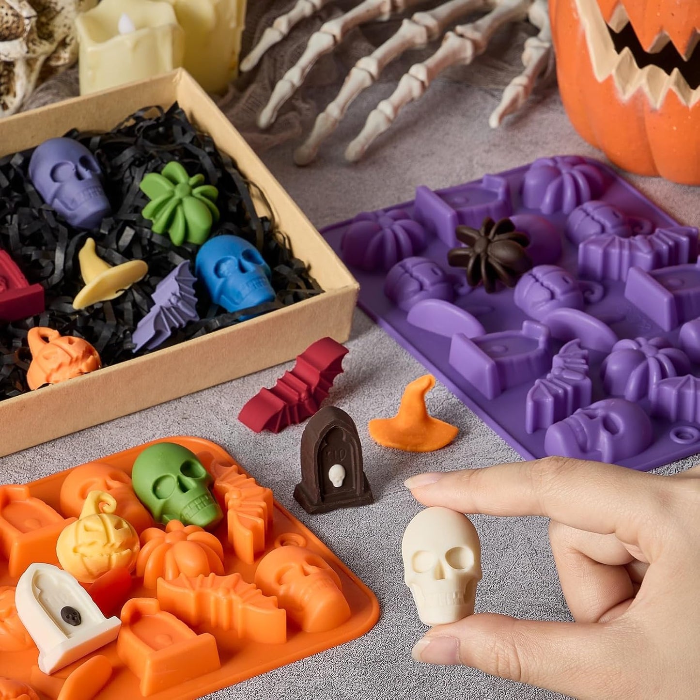 JOERSH Halloween Chocolate Silicone Molds, 4PCS Skull Pumpkin Witch Hat Bat Spider Tombstone Shaped Candy Mold Non Stick Baking Pan for DIY Chocolate, Fondant, Cake Decorating