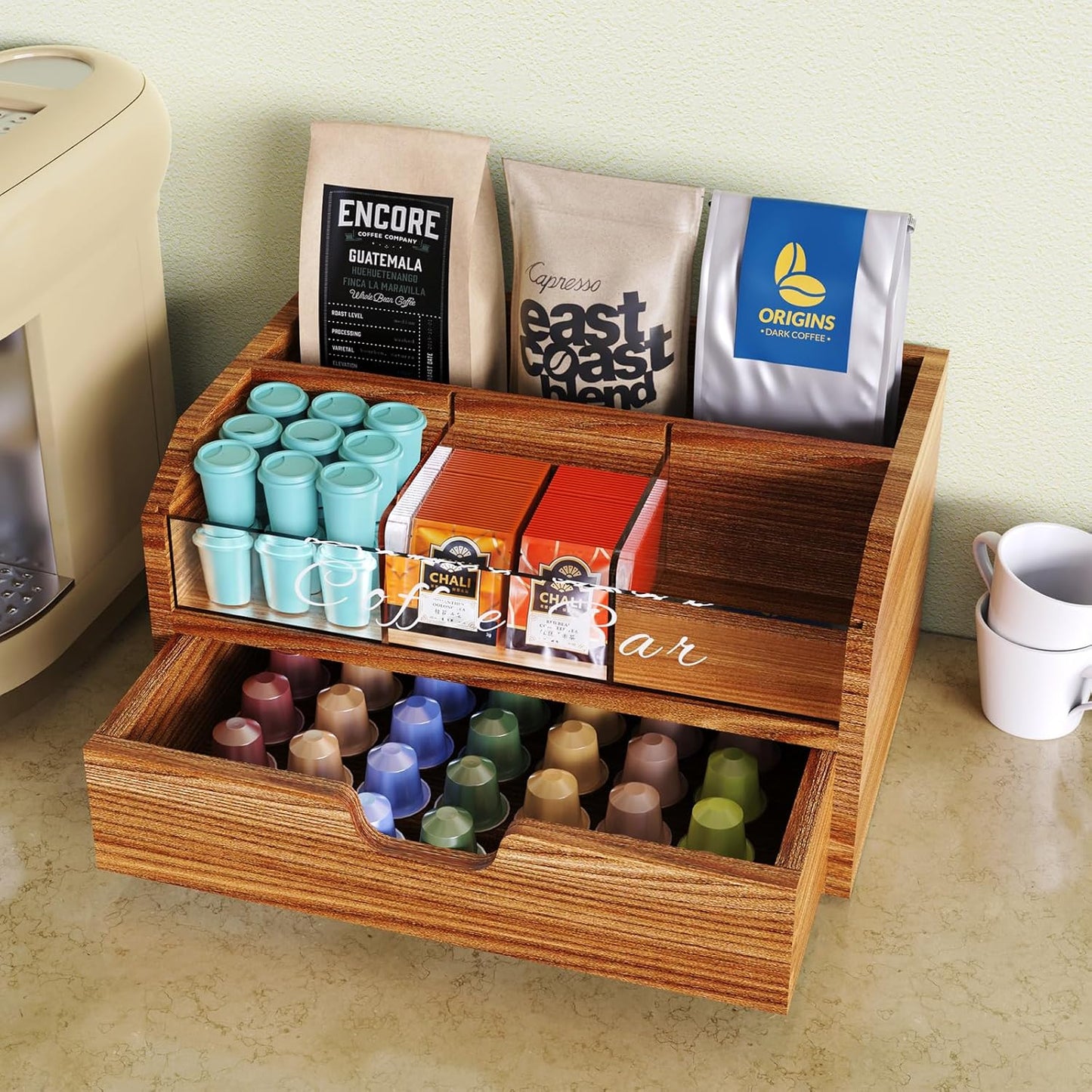 NiHome Solid Wood & Acrylic Coffee Station Organizer with Storage Drawer, Multi-Purpose Adjustable Compartments Coffee Pod Holder for Home, Office, Hotel, Kitchen Counter Storage for Tea, Sugar, Cups