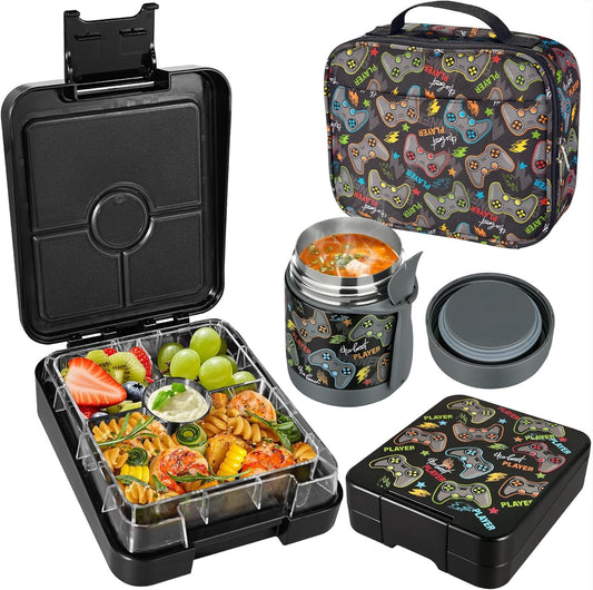 Bento Lunch Box Set With 10oz Soup Thermo, Leak-proof Lunch Containers with 4 Compartment, Kids Hot Thermo Food Jar/Insulation Lunch Bag, Food Containers for School (Black-Games)