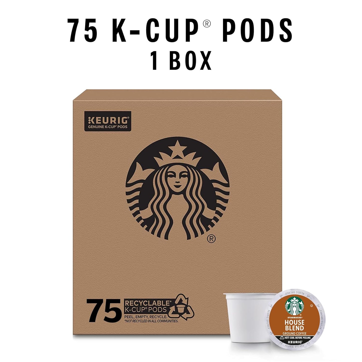 Starbucks K-Cup Coffee Pods, Medium Roast, House Blend for Keurig Coffee Makers, 100% Arabica, 1 Box (75 Pods)