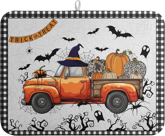 Happy Halloween Pumpkin Truck Dish Drying Mat For Kitchen Trick or Treat Microfiber Absorbent Dish Drying Mats Spooky Black Bat Ghost Self Dish Draining Mat 18x24 In Coffee Bar Spill Pad Decoration