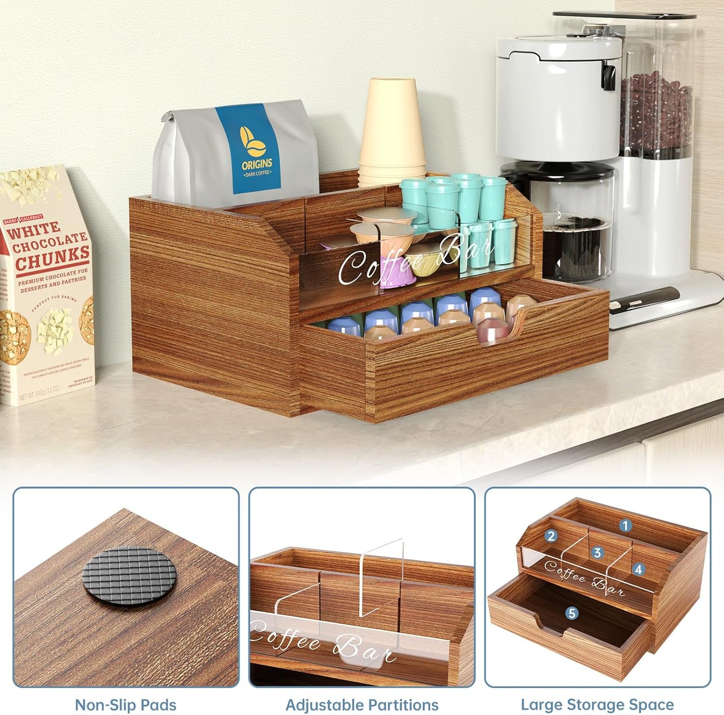 NiHome Solid Wood & Acrylic Coffee Station Organizer with Storage Drawer, Multi-Purpose Adjustable Compartments Coffee Pod Holder for Home, Office, Hotel, Kitchen Counter Storage for Tea, Sugar, Cups