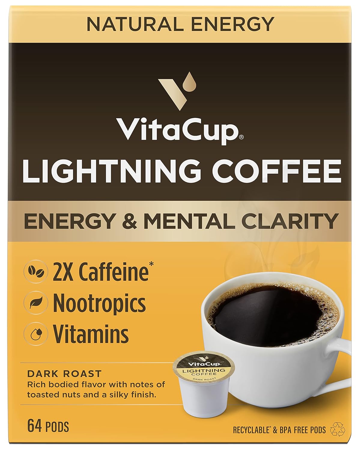 VitaCup Lightning Coffee Pods, for Focus w/ 2X Caffeine, Green Coffee Bean, B Vit, D3, Strong Dark Roast Arabica Beans, Single Serve Pod Compatible with Keurig K-Cup Brewers, 64 Ct (4 Pack of 16 ct)