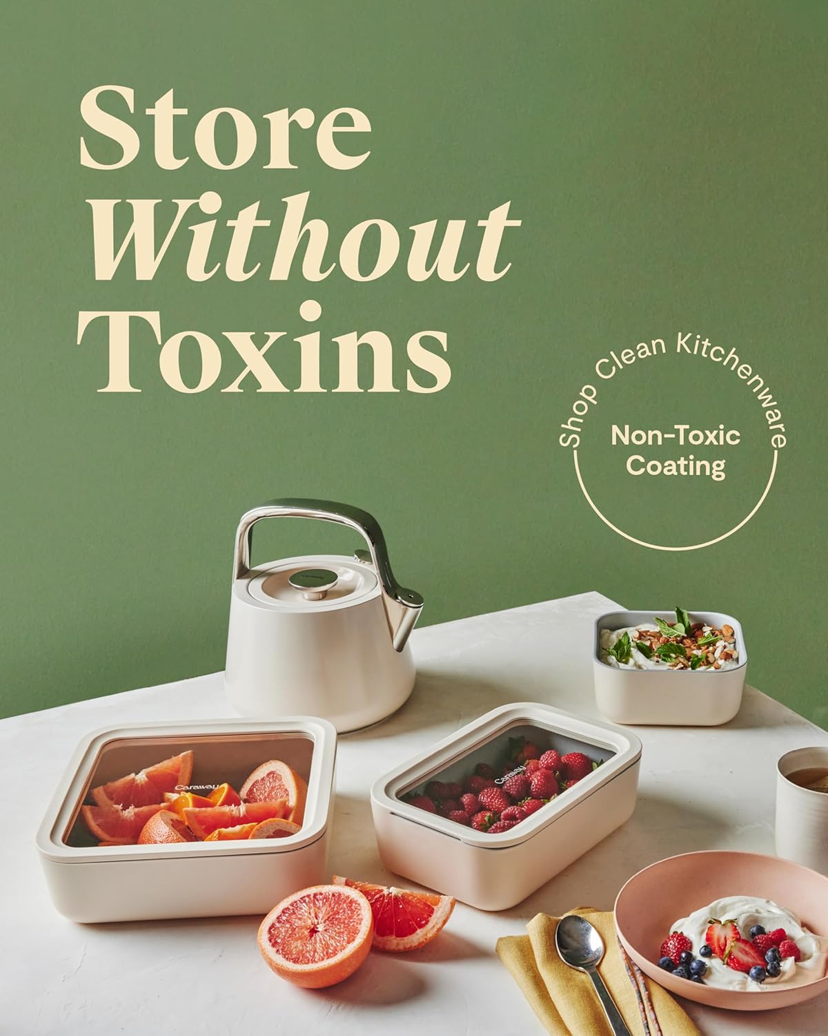 Caraway Glass Food Storage, 10 Cup Glass Container,Ceramic Coated Food Container,Easy to Store, Non Toxic, Non Stick Lunch Box Container with Glass Lids. Dishwasher, Oven,Square Shape,Cream