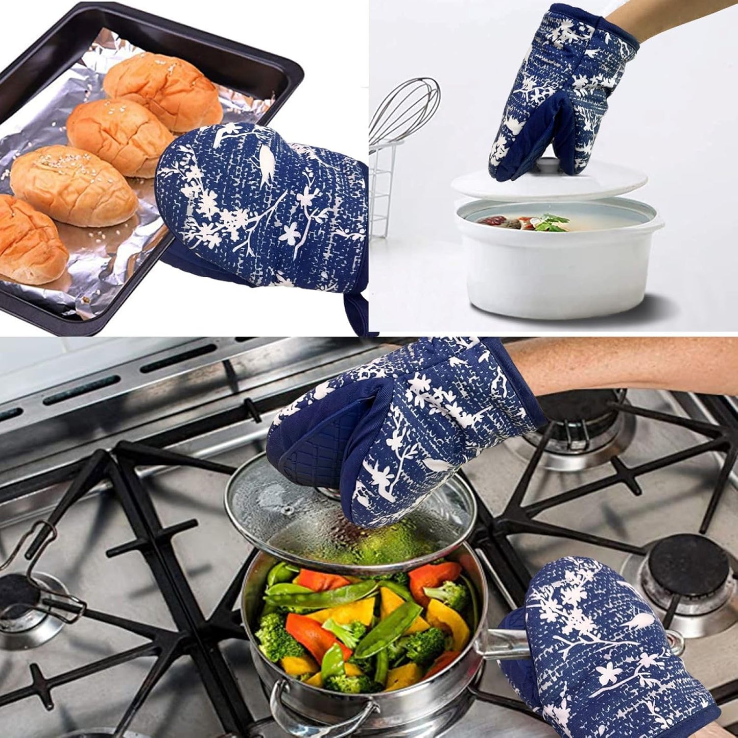 Mini Silicone Oven Mitts, Heat and Slip Resistant Kitchen Gloves 2-Pack Set, Birds Flower Soft Short Oven Mittens, Flexible Thick Pot Holders for Safe Cooking Baking and Grilling (Navy)