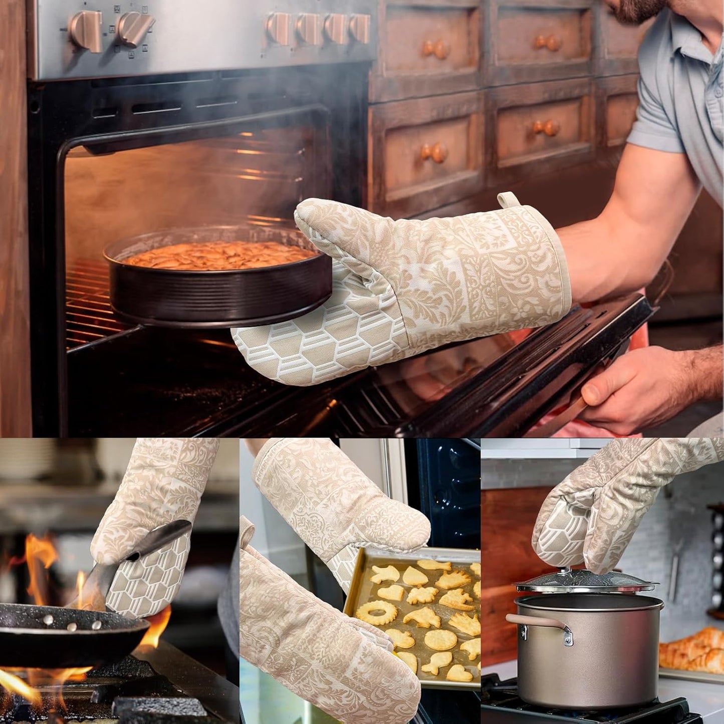 Thumb Oven Mitts, Heat and Slip Resistant Silicone Kitchen Mittens 2-Pack Set, Khaki Patchwork Flower Soft Long Oven Gloves, Flexible Thick Potholders for Safe Baking Cooking and Grill(Khaki)