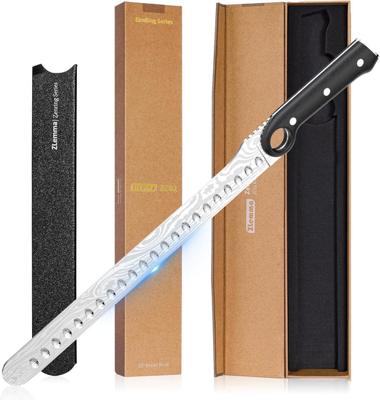 12-Inch Slicing Carving Knife with Unique Grip Ring & Non-slip Serrated Spine | Ultra-Sharp High-Carbon Stainless Steel Blade & Damascus Pattern for Brisket Meat Cutting | Pakka Wood Handle