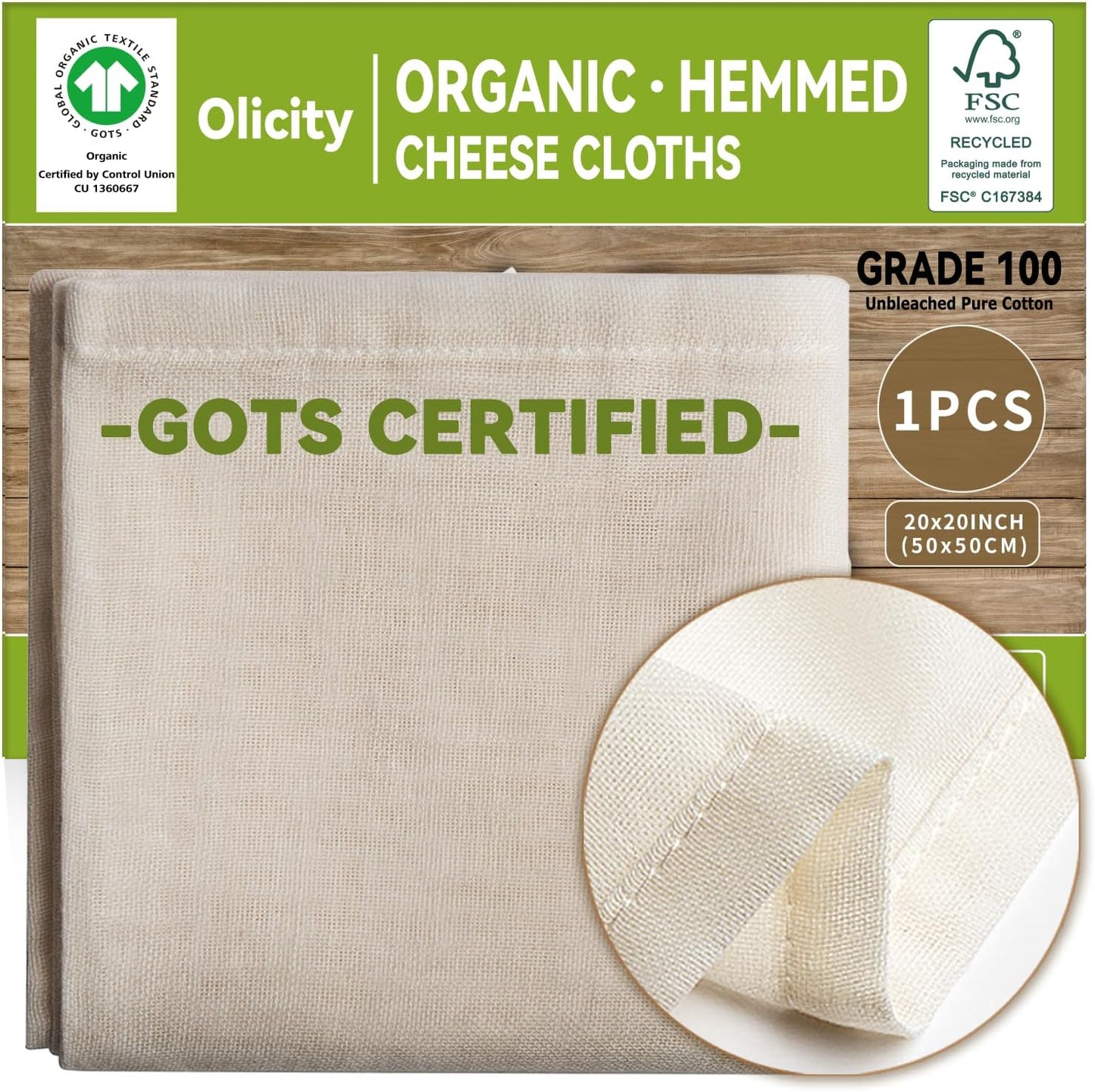 Organic Cheese Cloths, GOTS Certified, Grade 100,20x20Inch Hemmed Cheese Cloth Reusable Muslin Cheesecloth for Straining, 100% Cotton Unbleached Fine Mesh Cloth Cheese Cloths for Cooking,Sushi,Juicing
