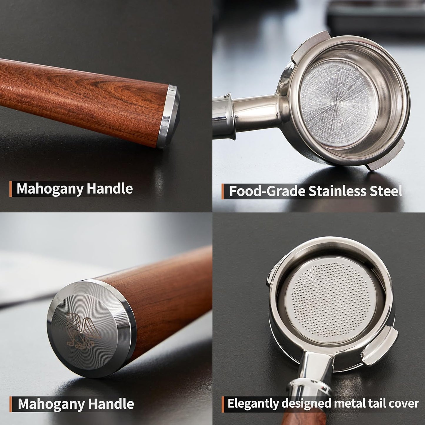 58mm Bottomless Portafilter | Fits for E61 Group Head 2 Ears machines| Stainless Steel portafilter and Mahogany Handle|Espresso Machine Accessories(Mahogany)