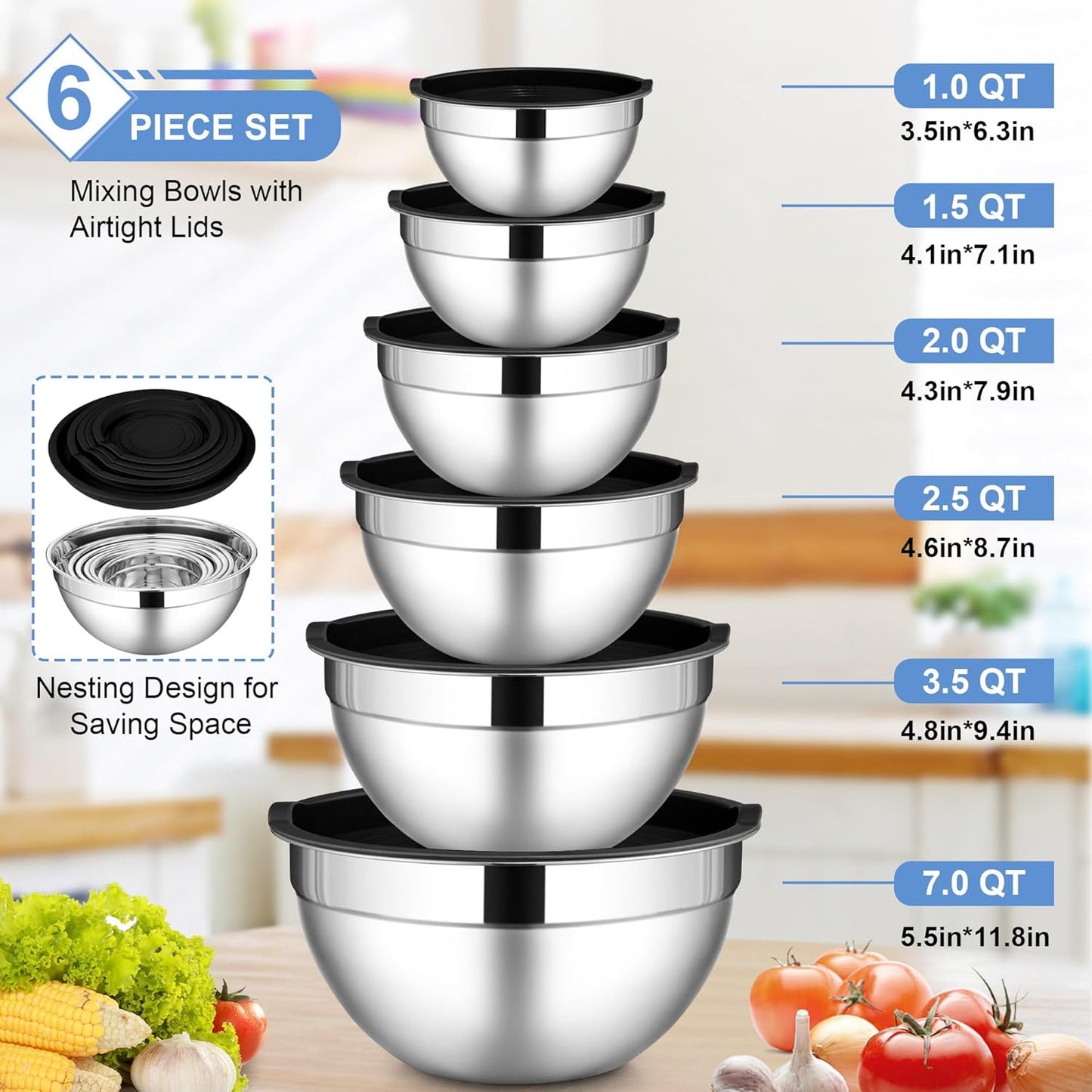 LIANYU Stainless Steel Mixing Bowls with Lids Set, Kitchen Nesting Metal Bowl Set of 6, Ideal for Salad Baking Cooking Serving Food Storage, Size 7, 3.5, 2.5, 2, 1.5, 1QT, Dishwasher Safe, Black