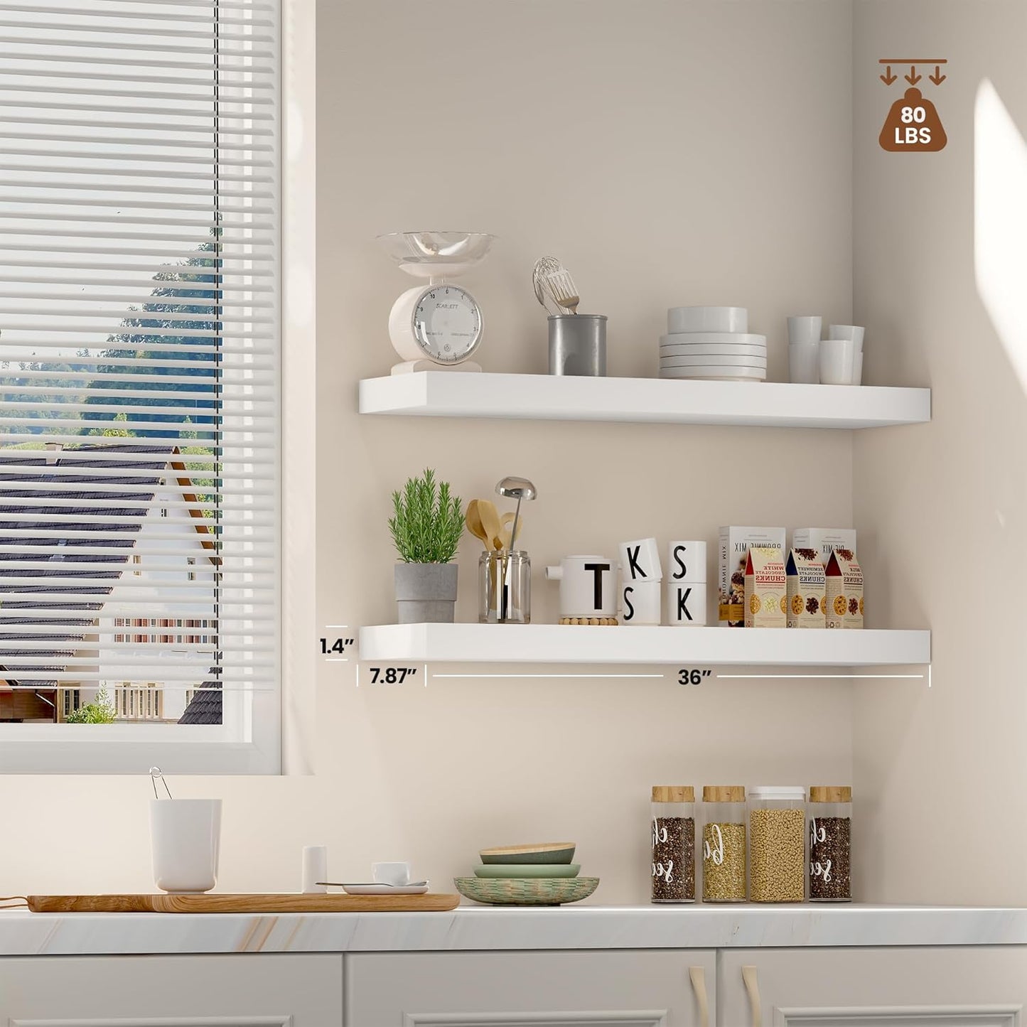 Vivelove Wooden Floating Shelves for Wall 36” x 8”x 1.4”, Solid Wood Shelf with Invisible Brackets, Deep Wall Shelves for Bathroom, LivingRoom, Kitchen, Bedroom, Modern Home Decor, Set of 2 - White